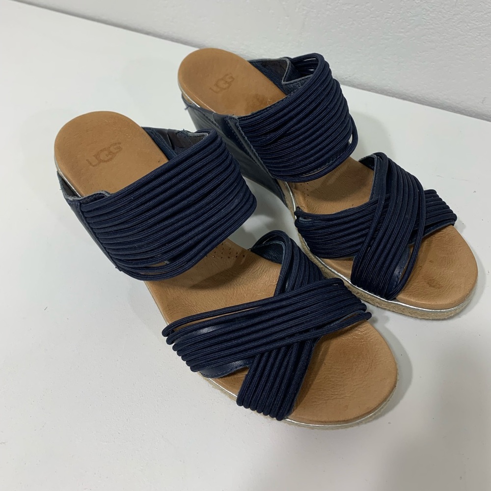UGG Wedge Sandals Australian Hilarie Navy Blue Leather and elastic straps - 8.5 - Picture 2 of 16